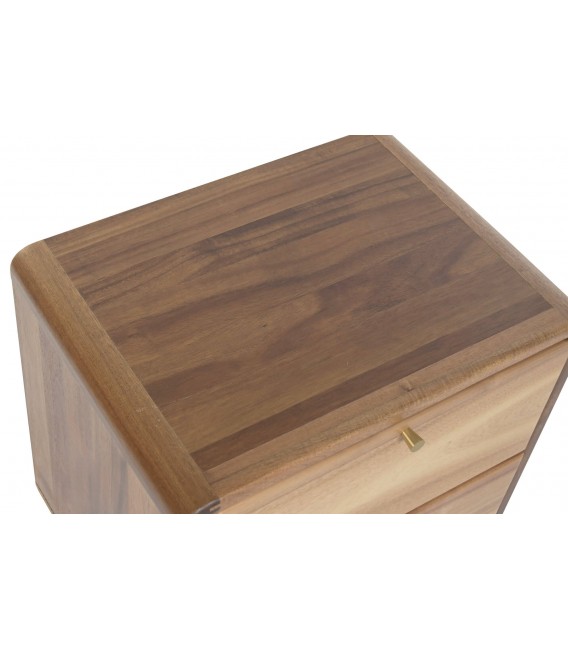 Mesita noche acacia nogal con dos cajones tiradores metal dorado 3