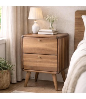 Mesita noche acacia nogal con dos cajones tiradores metal dorado Mdmhogar