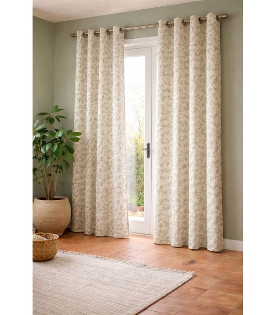 Set 2 cortinas algodón beige estampado verde con anillas cromadas Mdmhogar