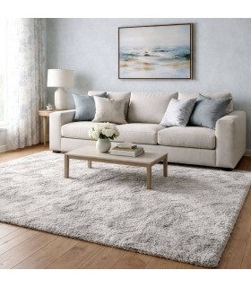 Alfombra grande rectangular de poliéster gris claro pelo largo Mdmhogar