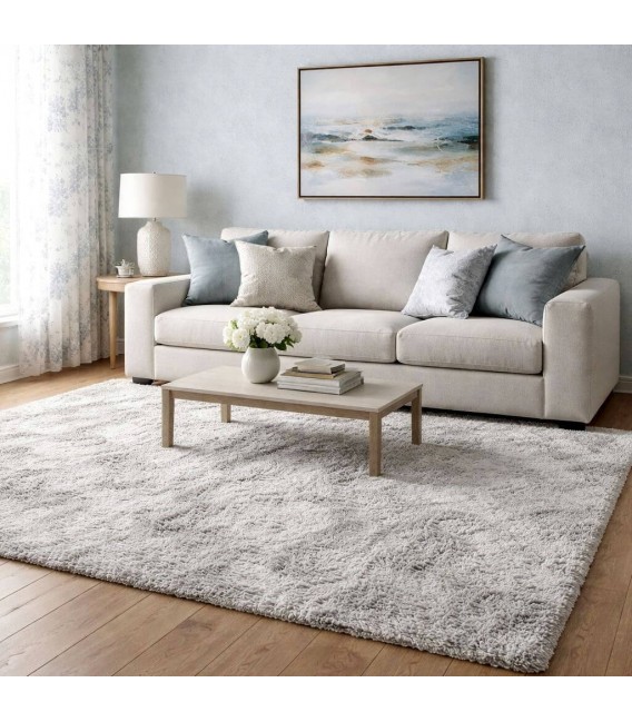 Alfombra grande rectangular de poliéster gris claro pelo largo Mdmhogar