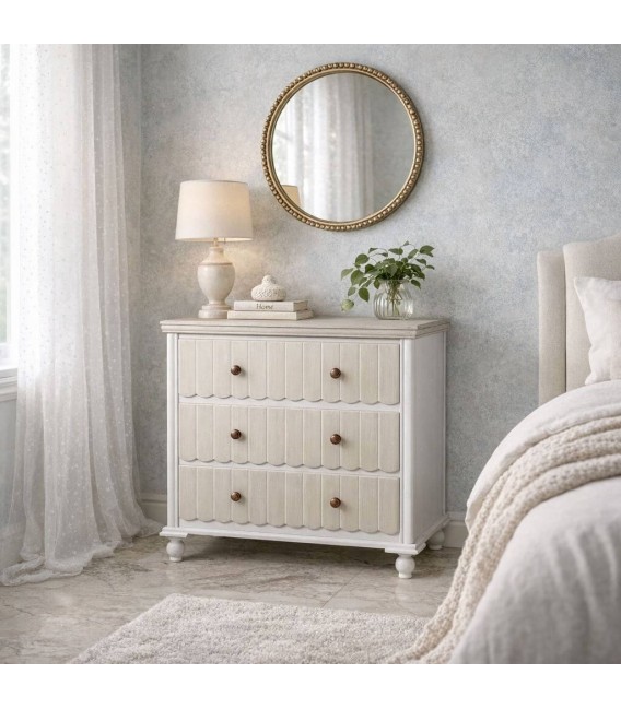 Cómoda pequeña madera pino blanqueada y beige 3 cajones  Mdmhogar