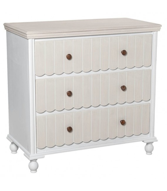 Cómoda pequeña madera pino blanqueada y beige 3 cajones