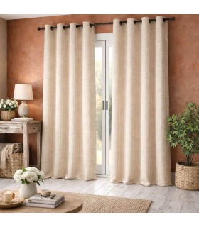 Set 2 cortinas boho beige de algodón y poliéster con cuadros bordados Mdmhogar
