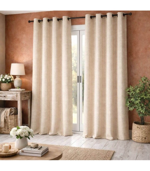 Set 2 cortinas boho beige de algodón y poliéster con cuadros bordados Mdmhogar