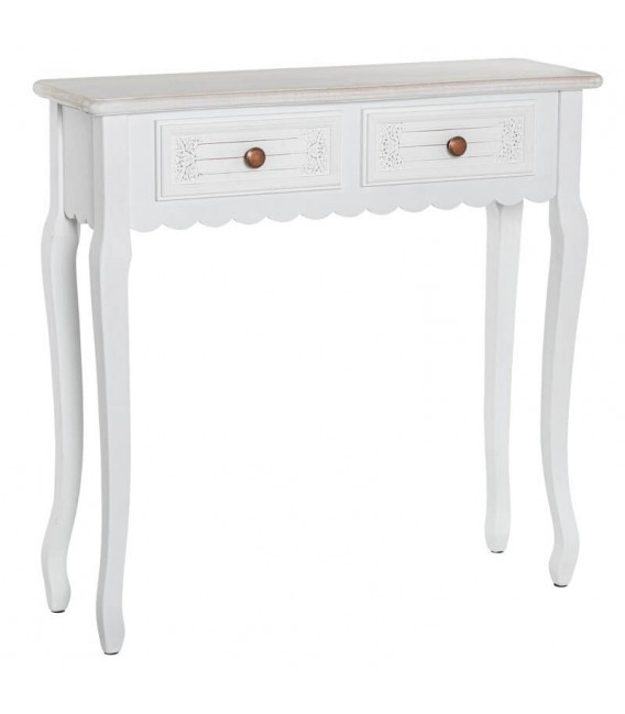 Consola pequeña clásica romántica de madera blanca con dos cajones