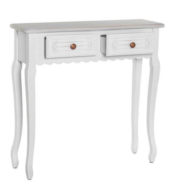 Consola pequeña clásica romántica de madera blanca con dos cajones2