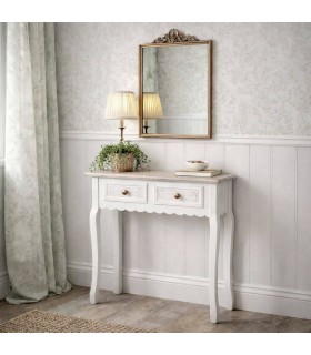 Consola pequeña clásica romántica de madera blanca con dos cajones Mdmhogar