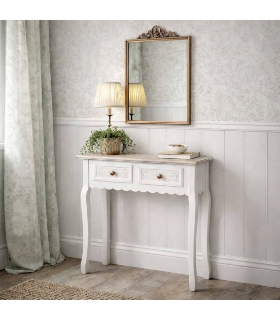 Consola pequeña clásica romántica de madera blanca con dos cajones Mdmhogar