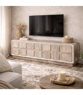 Mueble de TV boho de madera natural con cuatro puertas Mdmhogar