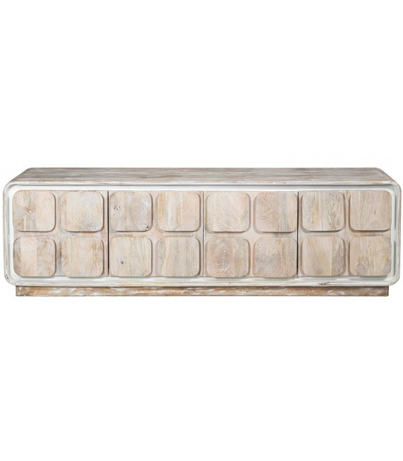 Mueble de TV boho de madera natural con cuatro puertas 1