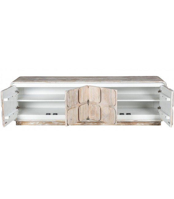 Mueble de TV boho de madera natural con cuatro puertas 2