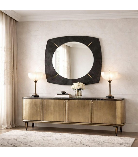 Espejo cuadrado grande art deco con marco metal negro oro viejo Mdmhogar