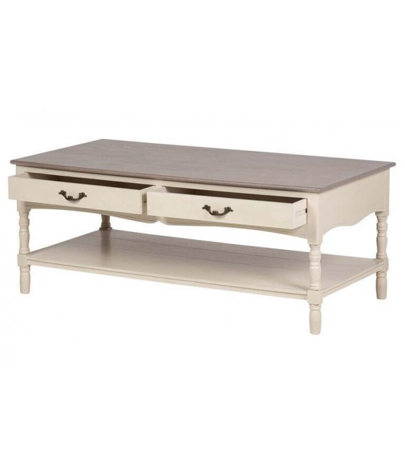 Mesa de centro provenzal beige con tapa nogal y 2 cajones 2