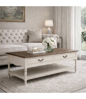 Mesa de centro provenzal beige con tapa nogal y 2 cajones Mdmhogar