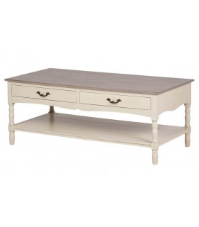 Mesa de centro provenzal beige con tapa nogal y 2 cajones