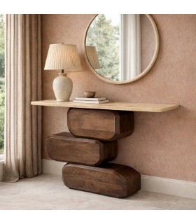 Consola de entrada diseño escultural en nogal con tapa de travertino Mdmhogar