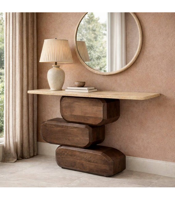 Consola de entrada diseño escultural en nogal con tapa de travertino Mdmhogar