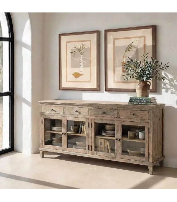 Aparador boho grande madera pino reciclado con puertas cristal Mdmhogar