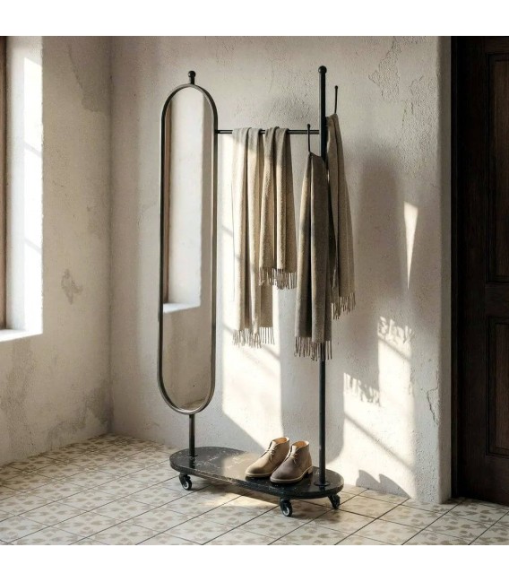 Perchero industrial con ruedas de metal y mármol con espejo negro Mdmhogar