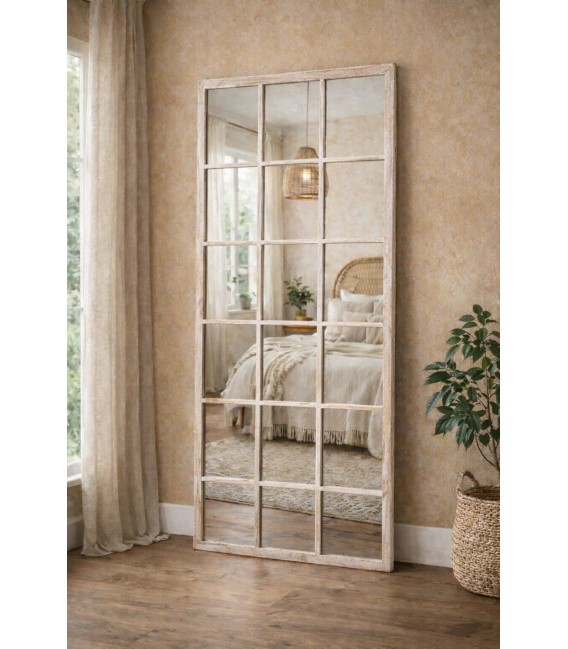 Espejo vestidor rectangular boho efecto ventana en madera blanca Mdmhogar