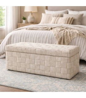 Banco baúl pie de cama contemporáneo tapizado beige en tela jaspeada Mdmhogar