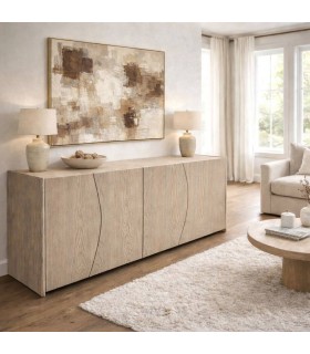 Aparador contemporáneo 4 puertas fresno tapa porcelánico travertino Mdmhogar