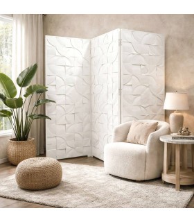 Biombo grande de tres hojas lacado en blanco estilo contemporáneo Mdmhogar