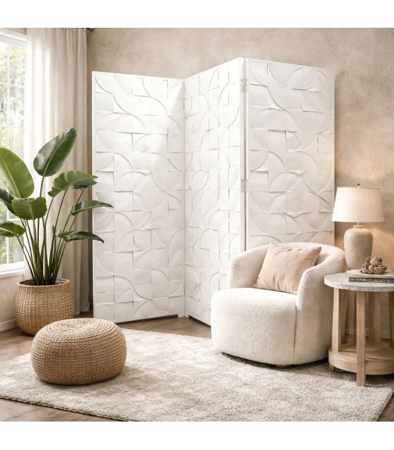 Biombo grande de tres hojas lacado en blanco estilo contemporáneo Mdmhogar