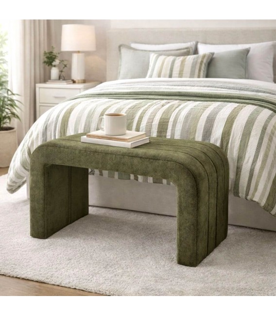 Banco pie de cama pequeño tapizado verde con estructura de madera Mdmhogar