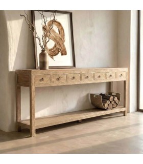 Consola de entrada XXL de madera de olmo natural con 7 cajones Mdmhogar