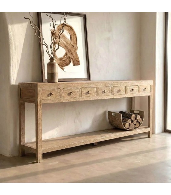 Consola de entrada XXL de madera de olmo natural con 7 cajones Mdmhogar