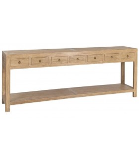 Consola de entrada XXL de madera de olmo natural con 7 cajones