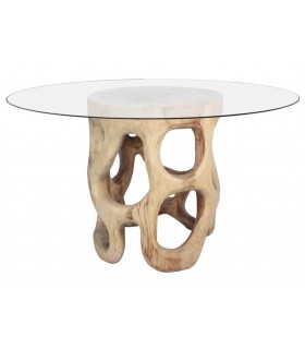 Mesa redonda grande de suar con base tallada y cristal