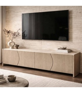 Mueble TV de fresno natural y porcelánico travertino con 4 puertas Mdmhogar
