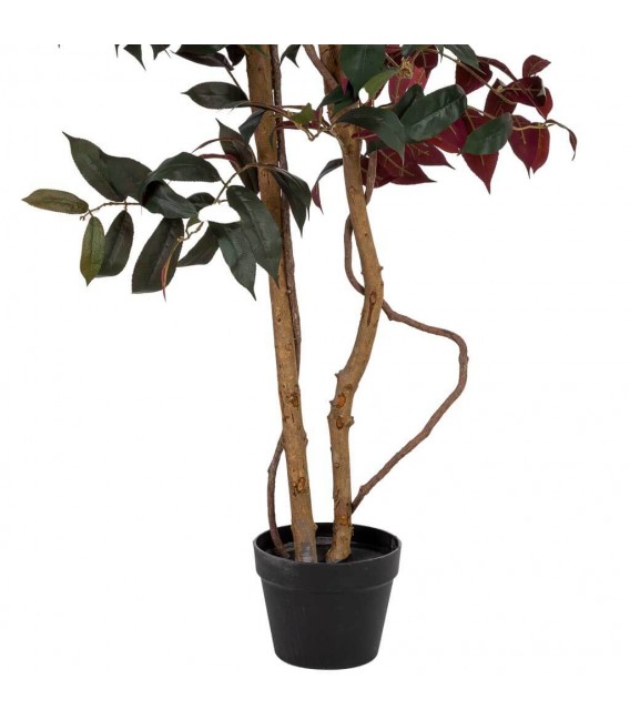 Planta artificial con tronco natural y hojas burdeos en maceta negra. 4