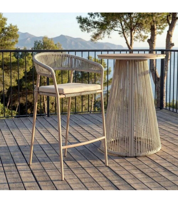 Taburete de barra boho beige en ratán sintético para exterior Mdmhogar