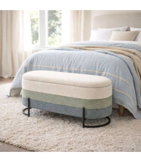 Banco pie de cama con baúl tapizado tricolor beige azul verde Mdmhogar
