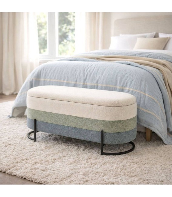 Banco pie de cama con baúl tapizado tricolor beige azul verde Mdmhogar