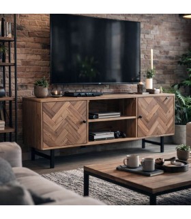 Mueble TV 140 cm madera maciza acacia color nogal estilo industrial Mdmhogar