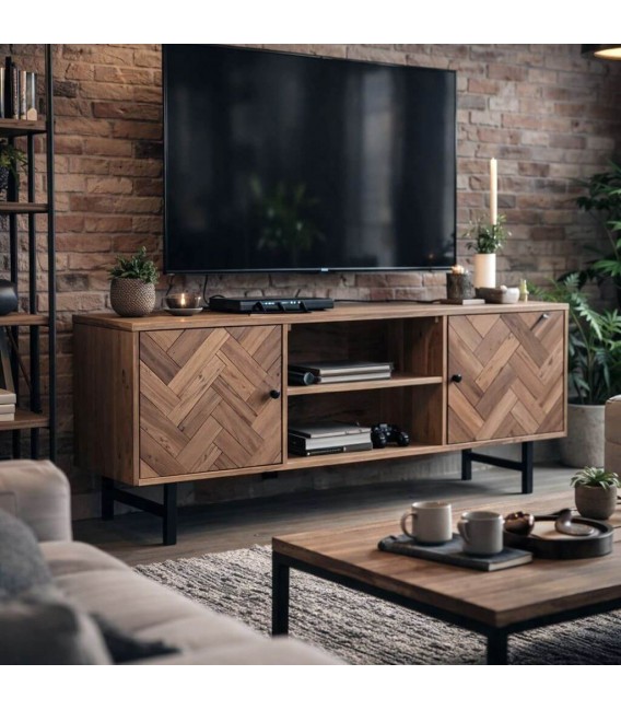 Mueble TV 140 cm madera maciza acacia color nogal estilo industrial Mdmhogar
