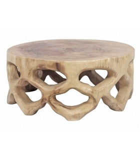 Mesa centro redonda pequeña madera suar natural tallada artesanalmente