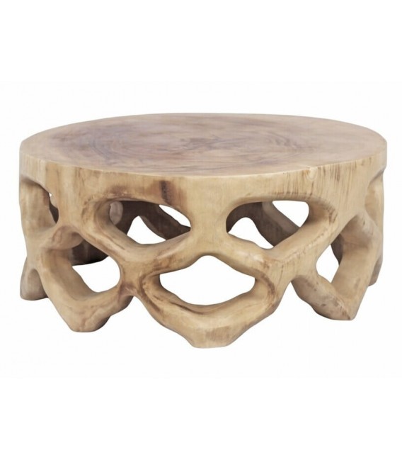 Mesa centro redonda pequeña madera suar natural tallada artesanalmente