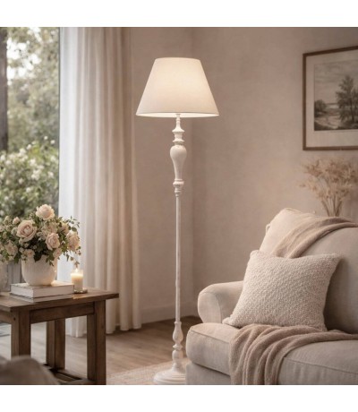 Lámpara de pie blanco roto con pantalla lino blanco estilo clasico Mdmhogar