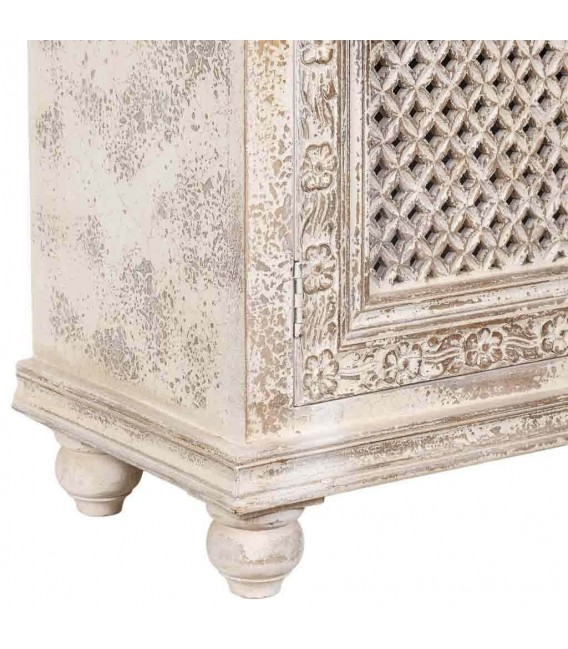 Taquillón de madera de mango tallada decapada en blanco roto vintage 6