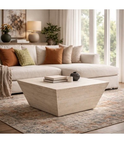 Mesa de centro cuadrada magnesio efecto travertino contemporánea Mdmhogar