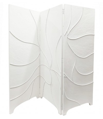 Biombo grande 3 hojas lacado blanco relieve estilo contemporáneo