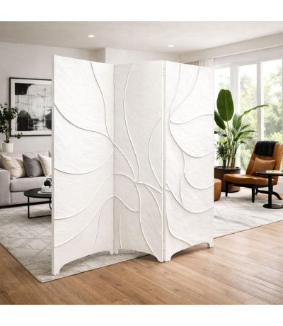 Biombo grande 3 hojas lacado blanco relieve estilo contemporáneo Mdmhogar