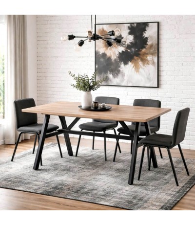 Mesa comedor rectangular roble natural metal negro estilo industrial Mdmhogar