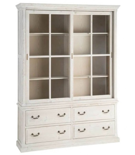 Vitrina XL boho madera teñida blanca con 2 puertas y 4 cajones